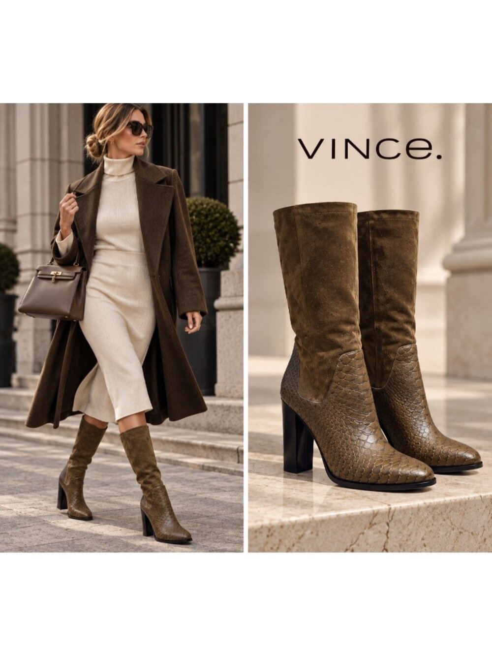 VINCE Brown Suede Textured Leather Tall Boots Block Heel Italy 8.5M EU 38.5